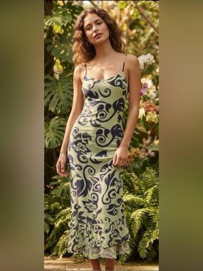Vintage 90s Me-Too Hawaiian Rayon Scroll Print Slip Dress Midi Lime Green M